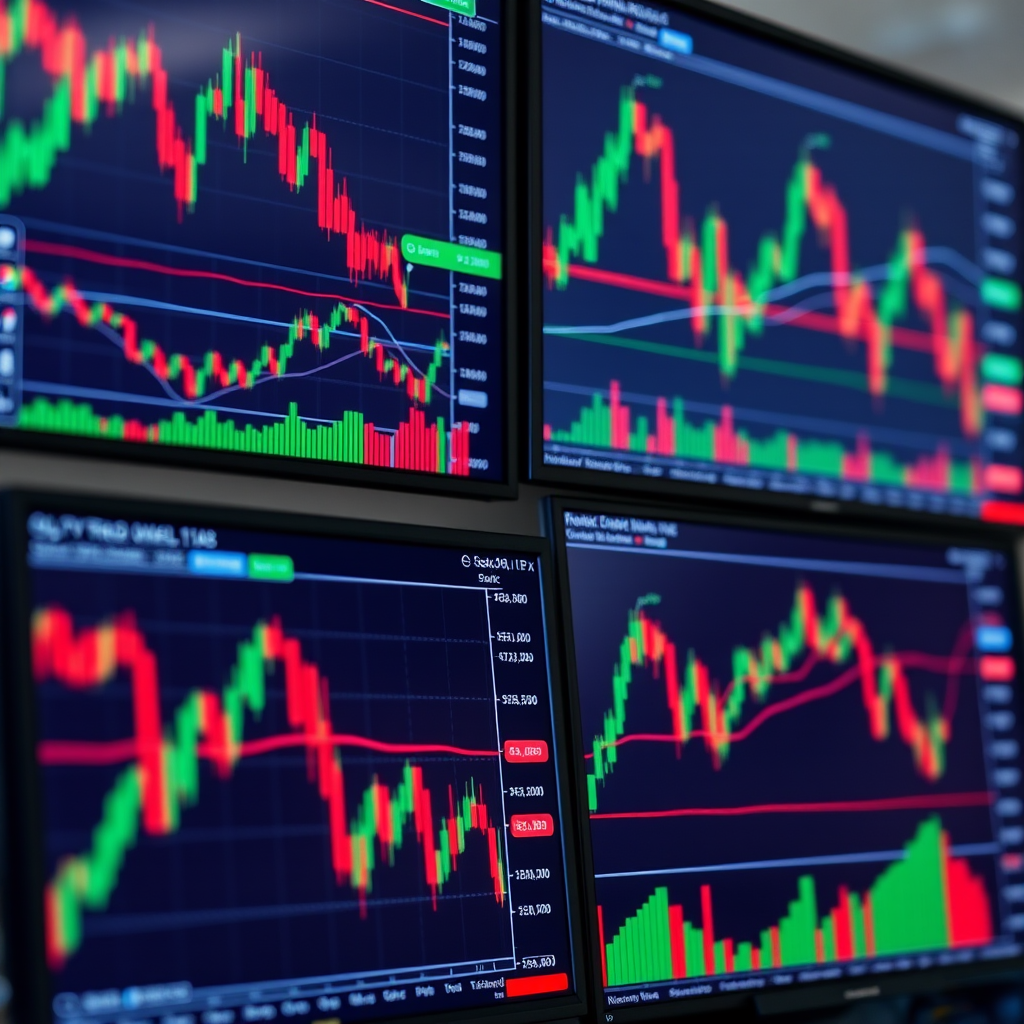 Professional cryptocurrency trading charts displaying candlestick patterns, moving averages, and technical indicators on multiple screens with market data visualization