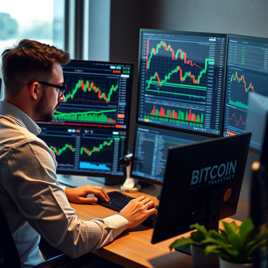 Professional trader analyzing cryptocurrency portfolio charts and risk management strategies on multiple monitors with Bitcoin, Ethereum and altcoin trading data displayed