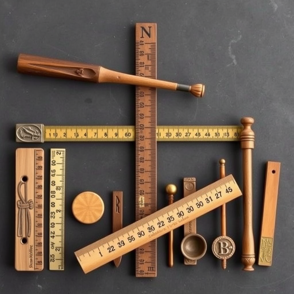 Historical measurement tools including ancient rulers, measuring rods, and early distance markers showing the evolution from Roman miles to modern metric system