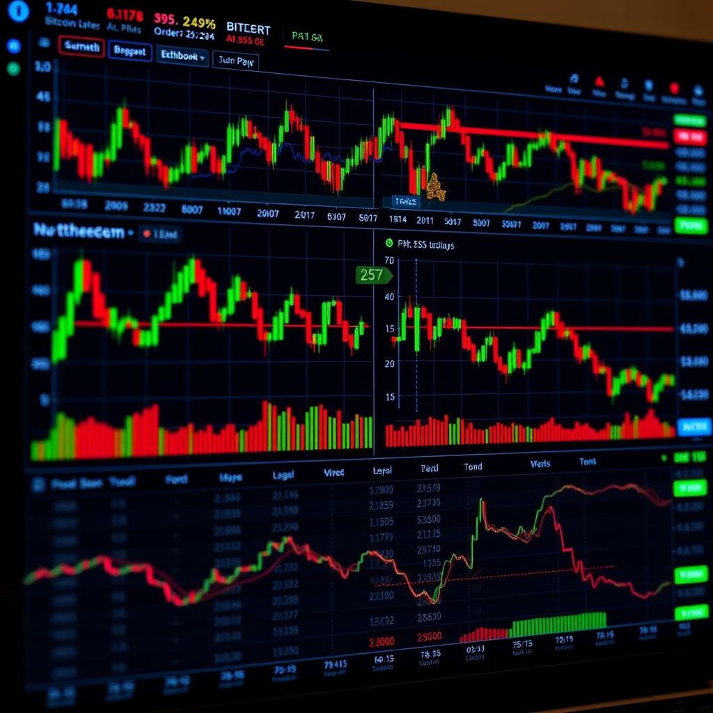 Professional cryptocurrency trading dashboard showing real-time Bitcoin and Ethereum price charts with advanced technical indicators, order books, and market depth visualization