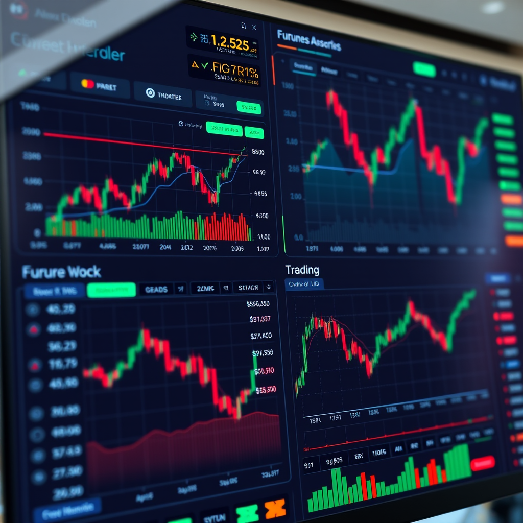 Professional cryptocurrency futures trading platform dashboard showing real-time charts, order books, and trading interface with multiple digital asset pairs