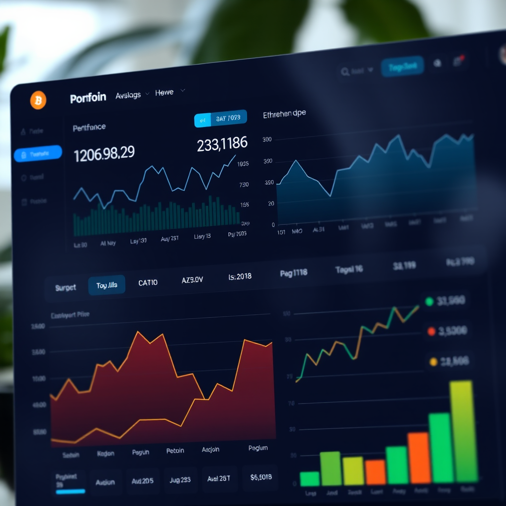 Professional cryptocurrency portfolio dashboard showing real-time Bitcoin and Ethereum prices with interactive charts and portfolio performance metrics