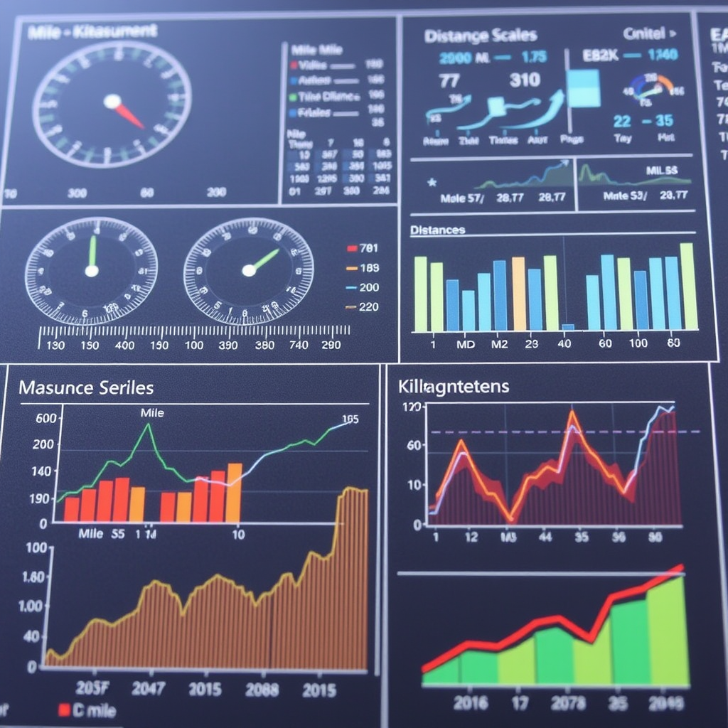 Technical analysis chart showing various measurement scales, distance calculations, and analytical tools with graphs displaying miles and kilometers conversion patterns