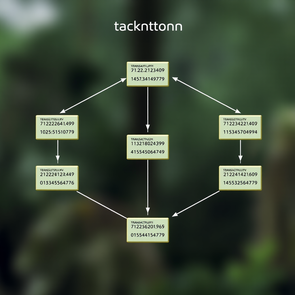 Diagram showing blockchain structure with connected blocks containing transaction data, timestamps, and cryptographic hashes linking each block to the previous one
