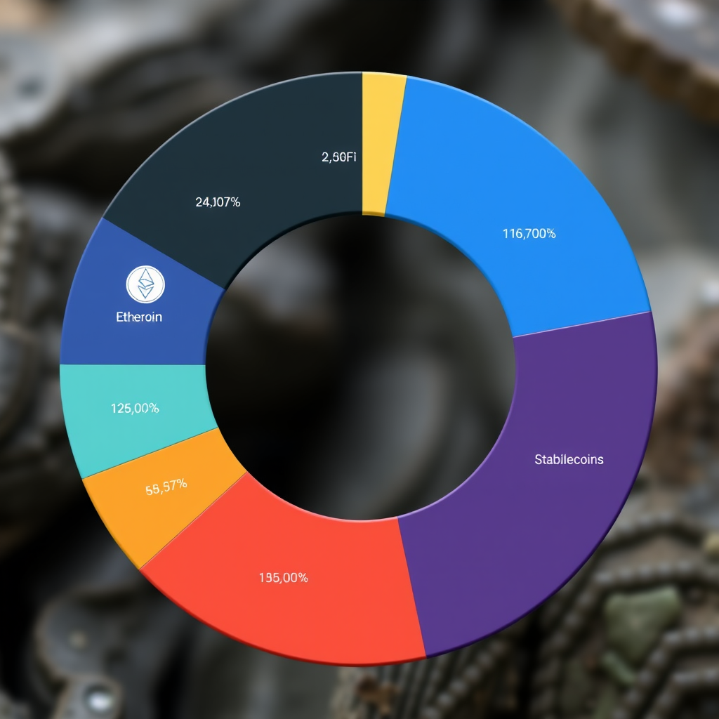 Pie chart showing diversified cryptocurrency portfolio allocation across Bitcoin, Ethereum, altcoins, DeFi tokens, and stablecoins with percentage breakdowns
