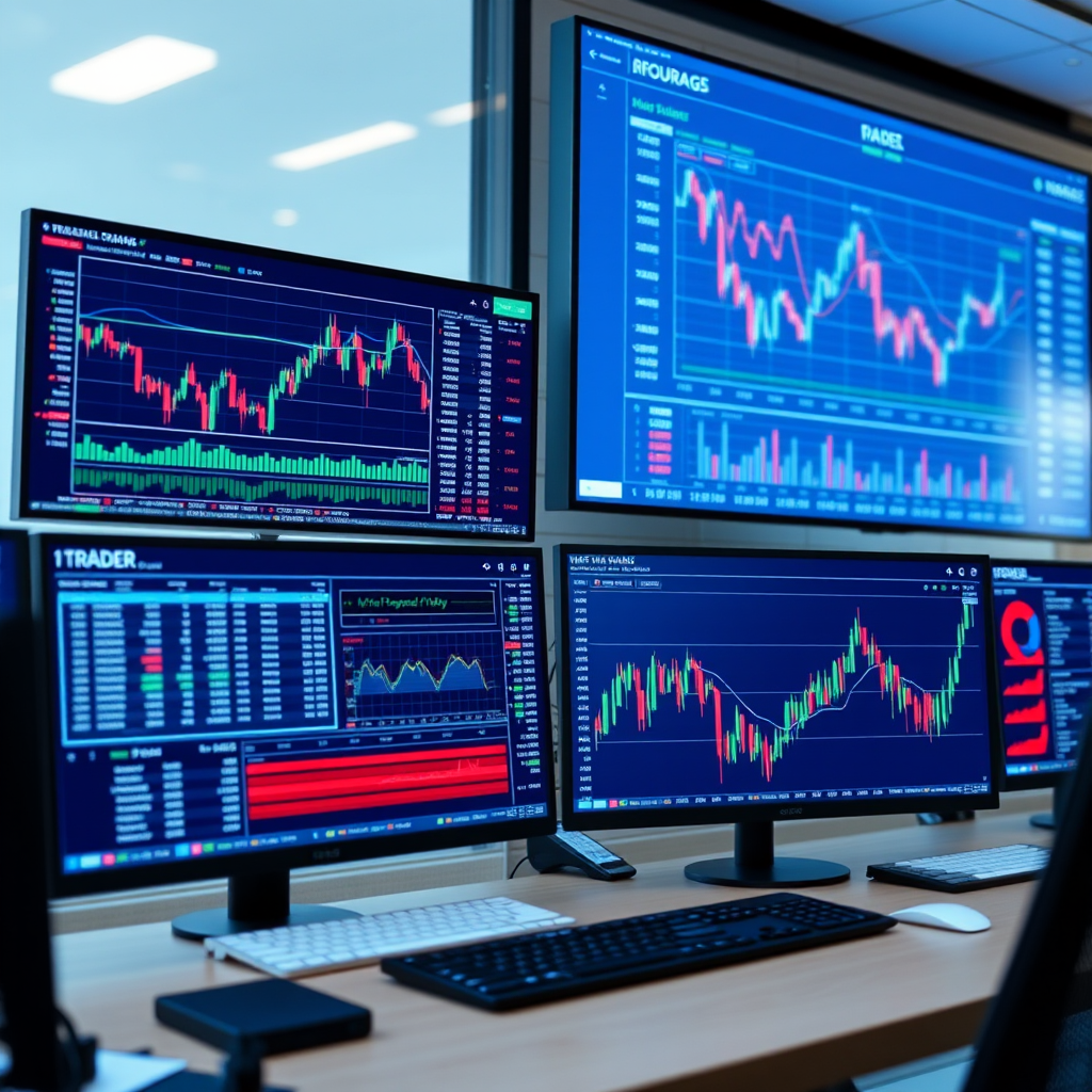 Modern digital trading interface showing real-time market data charts, order books, and trading tools on multiple screens with clean blue and white design