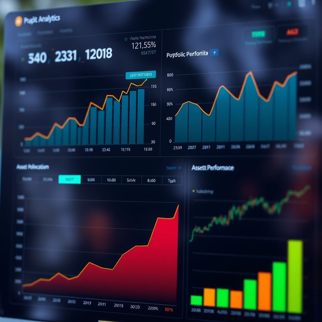 Detailed cryptocurrency performance analytics dashboard with charts showing portfolio growth, asset allocation, and trading performance metrics across different digital currencies