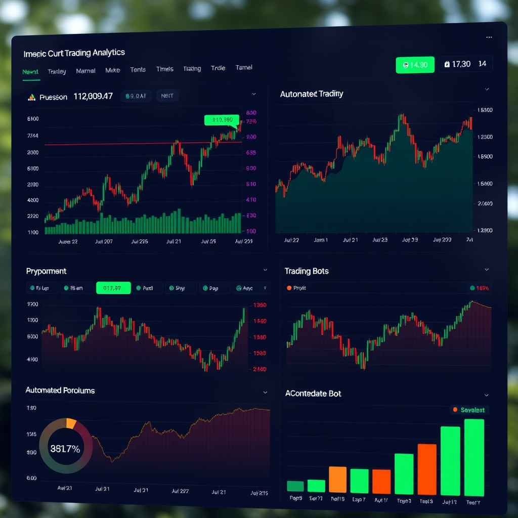 Real-time cryptocurrency trading analytics dashboard displaying profit charts, market cap data, trading volume, and automated bot performance metrics across multiple timeframes