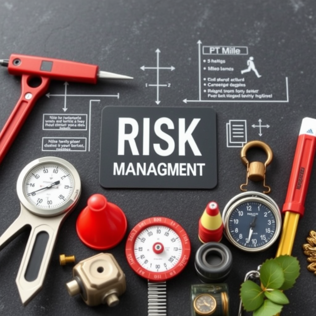 Risk management visualization featuring measurement tools, safety equipment, and strategic planning elements with distance markers and mile indicators for portfolio protection