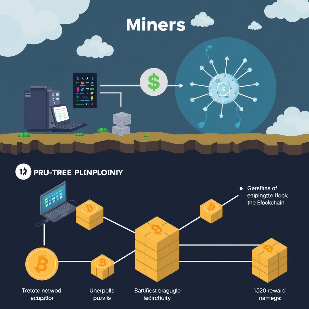 Infographic showing the mining process with computers solving cryptographic puzzles, network validation, and block addition to the blockchain with reward distribution
