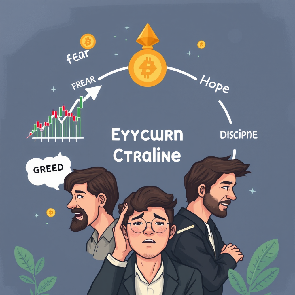Conceptual illustration showing the emotional cycle of cryptocurrency trading with fear, greed, hope, and discipline represented through market charts and trader emotions
