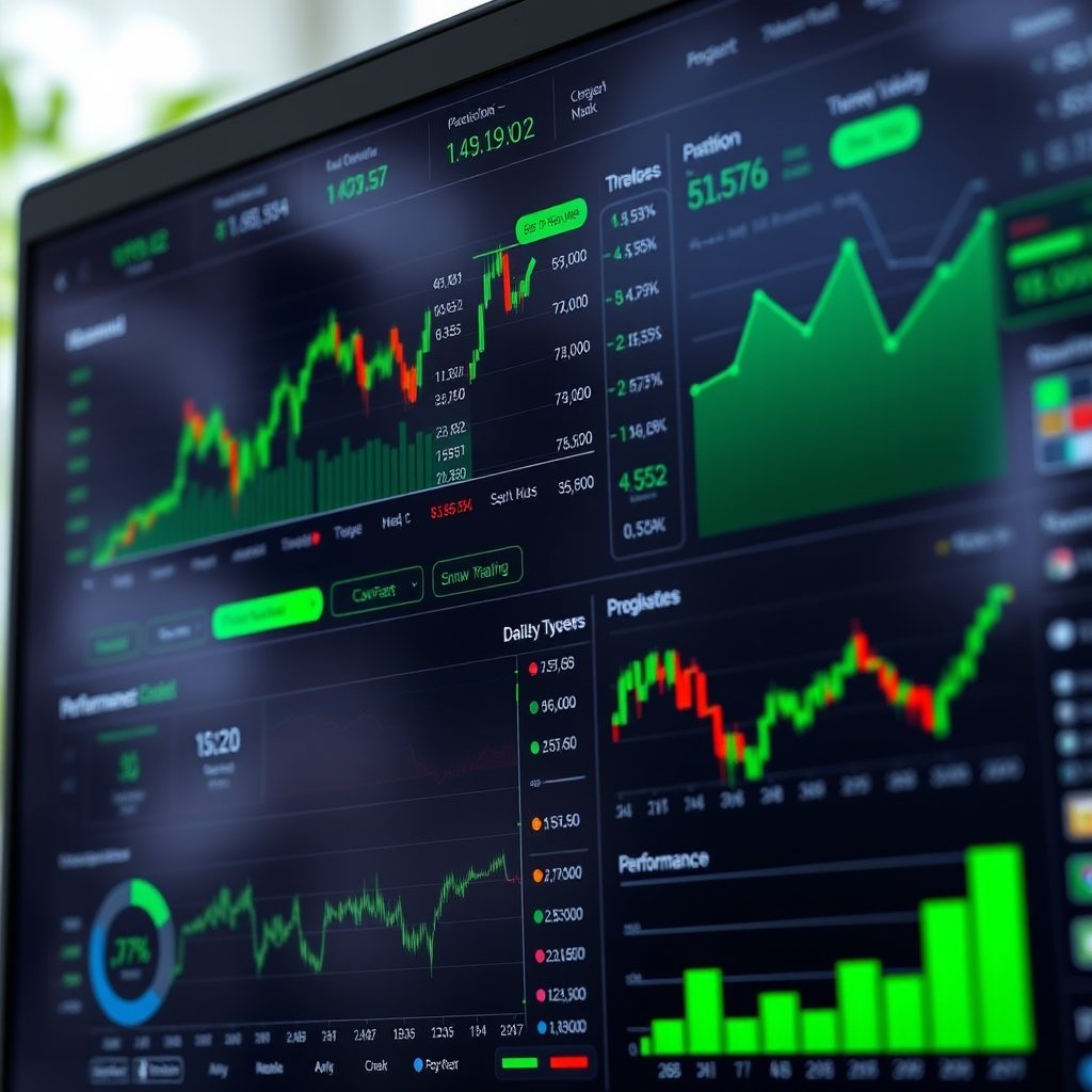Advanced futures trading dashboard displaying leveraged positions, margin requirements, risk management tools, and performance analytics with green accent colors