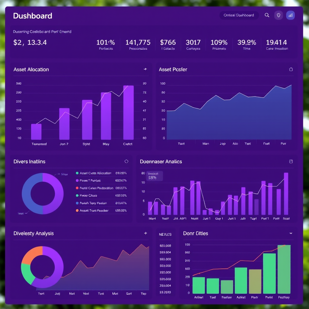 Comprehensive portfolio management dashboard showing asset allocation charts, performance metrics, and diversification analysis with purple theme and clean data visualization
