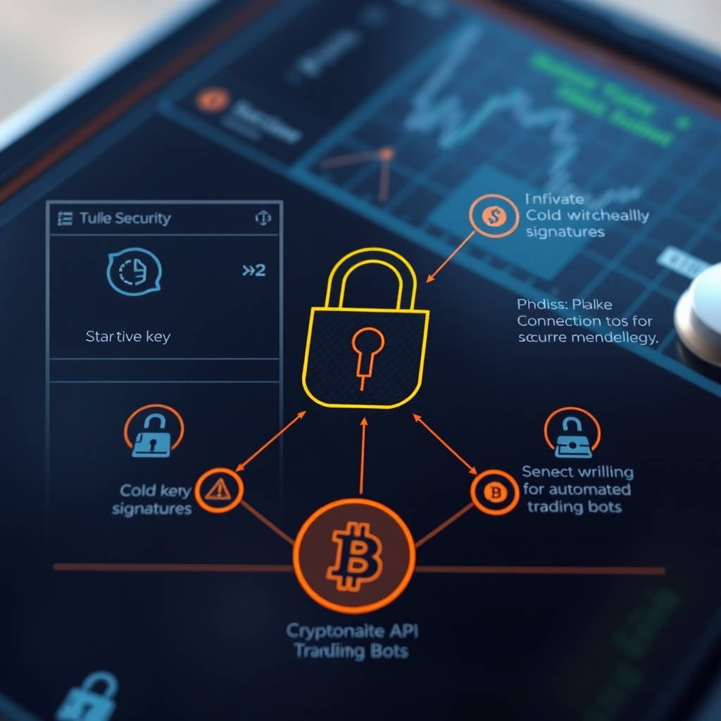 Cryptocurrency wallet security interface showing private key management, cold wallet integration, cryptographic signatures, and secure API connections for automated trading bots