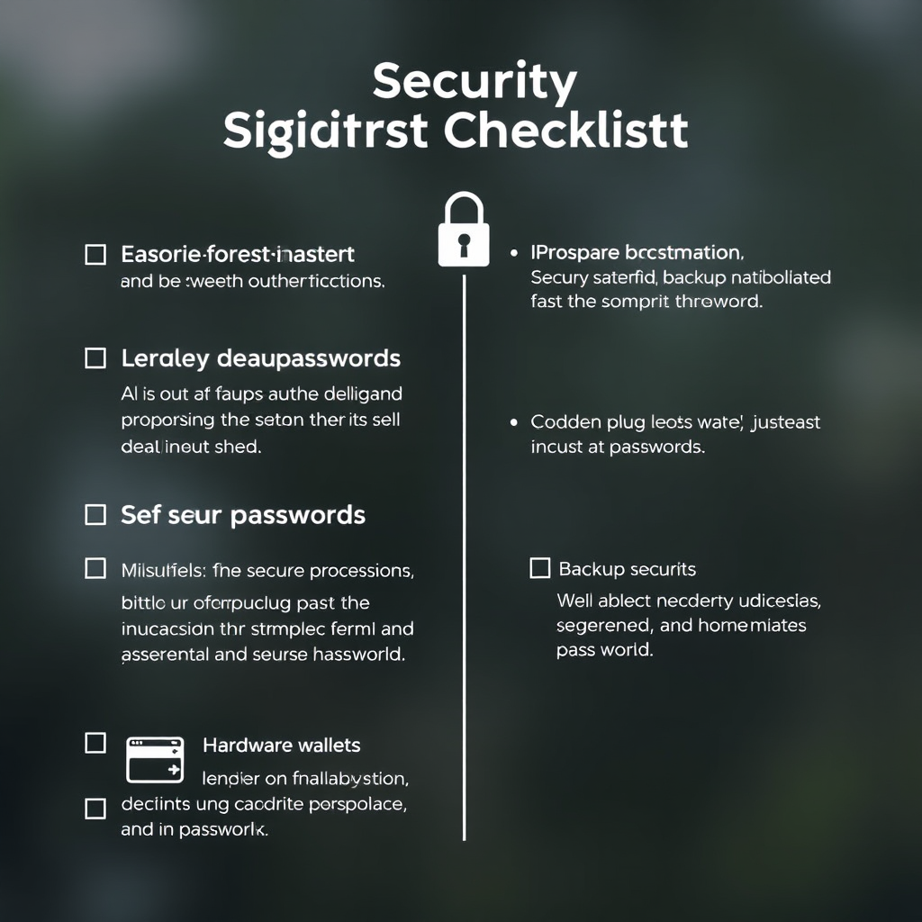 Digital security checklist showing various security measures including two-factor authentication, secure passwords, hardware wallets, and backup procedures