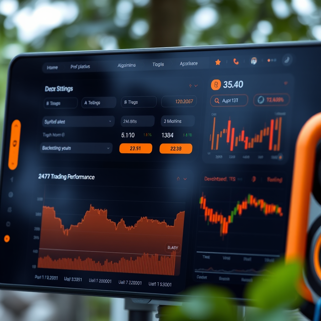 Automated trading bot interface displaying algorithm settings, backtesting results, and 24/7 trading performance with orange accents and technical indicators