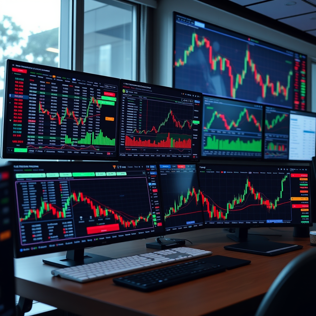 Comprehensive cryptocurrency trading platform showing multiple screens with order books, price charts, portfolio management, and market analysis tools for Bitcoin and altcoin trading