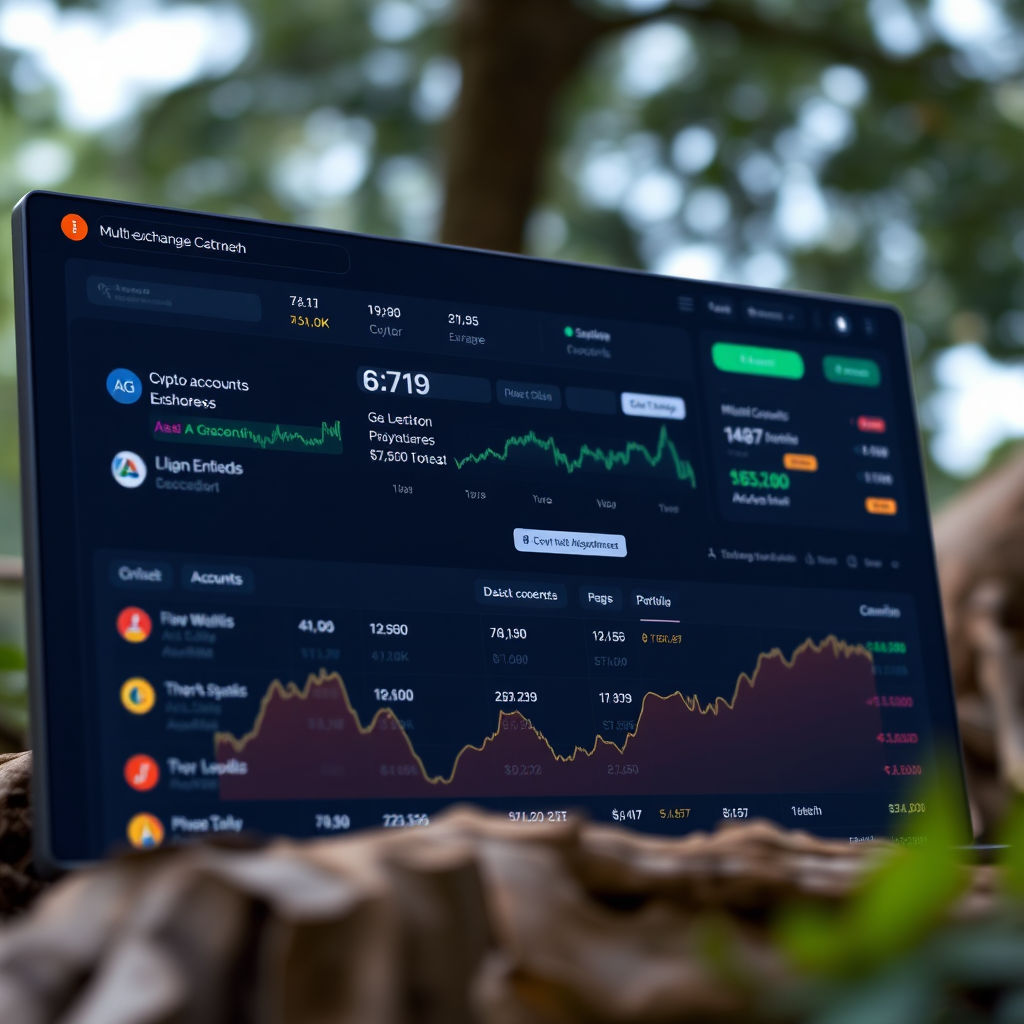 Multi-exchange cryptocurrency portfolio integration dashboard showing connected accounts from various crypto exchanges and wallets with unified portfolio view and transaction tracking