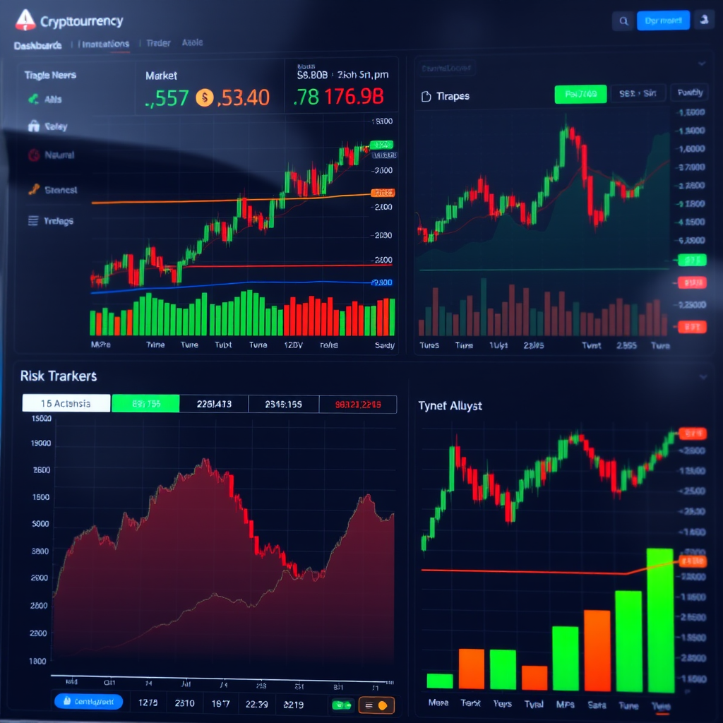 Professional cryptocurrency trading dashboard showing multiple technical indicators, risk management tools, and portfolio allocation charts for comprehensive market analysis